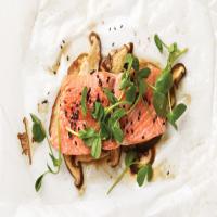 Sesame Salmon with Shiitake Mushrooms and Pea Shoots image