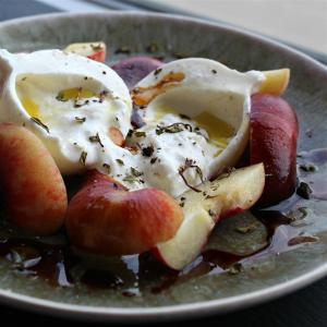 Peaches with Burrata, Basil, and Raspberry Balsamic Syrup image