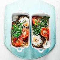 Mushroom baked eggs with squished tomatoes image