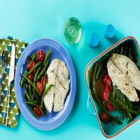 Mediterranean Microwave Fish With Green Beans, Tomatoes, and Olives image