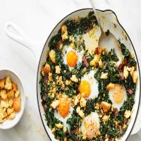 Baked Eggs With Kale, Bacon and Cornbread Crumbs image