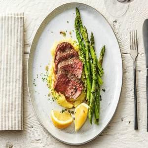 Butter-Basted Rib-Eye Steak with Thyme-Infused Mashed Potatoes and Asparagus_image