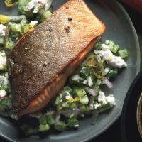 Arctic Char with Cucumber-Feta Relish and Jalapeño-Goat Cheese Hush Puppies_image