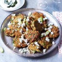 Spiced pea & courgette fritters with minty yogurt dip image