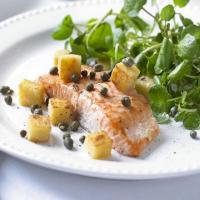 Pan-fried salmon with watercress, polenta croutons & capers image
