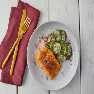 Broiled Arctic Char with Marinated Cucumber and Radish Salad image