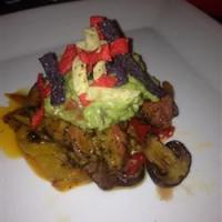 Filet Mignon with Bell Pepper Haystack and Fresh Guacamole Served with Corn Chips_image