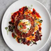 Sweet potato cakes with poached eggs image