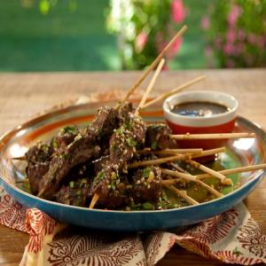 Skewered Lamb with Spicy Pomegranate-Rioja Red Wine Vinaigrette and Mint-Almond Relish image