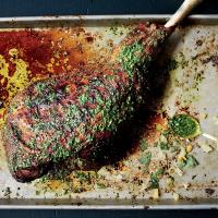 Slow-Grilled Leg of Lamb with Mint Yogurt and Salsa Verde image