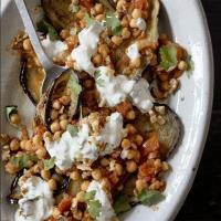 Grilled aubergines with spicy chickpeas & walnut sauce image