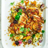 Sticky citrus chicken with griddled avocado & beet salad image