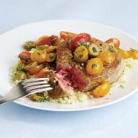 Pan-Seared Tuna Steaks with Warm Tomato, Basil, and Olive Salad_image