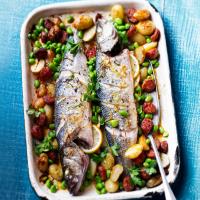 Spanish roast fish with broad beans & chorizo image
