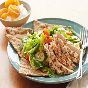 Greek Chicken Salad with Whole Wheat Pita and Yogurt with Apricots image