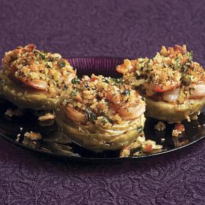 Artichoke Bottoms with Shrimp, Lemon Butter, and Herbed Breadcrumbs - Recipe - FineCooking_image