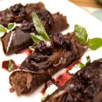Chocolate Blintzes with Chocolate Whipped Ricotta-Almond Filling and Warm Cherry Sauce_image