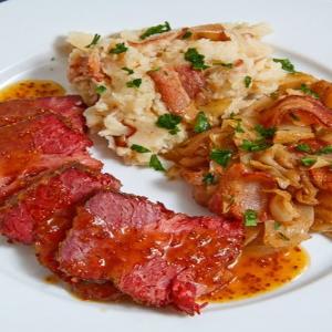 Apricot Glazed Corned Beef with Colcannon and Sauteed Cabbage Recipe_image