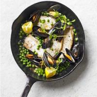 Brown butter sole with peas & mussels image