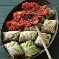 Stuffed Savoy Cabbage with Beef, Pork, and Rice in a Spicy Tomato Sauce image