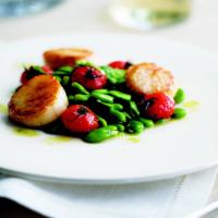 Grilled Scallops with Fava Beans and Roasted Tomatoes image