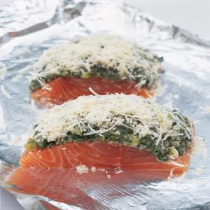 Roasted Salmon Fillets with a Crusted Pecorino and Pesto Topping_image