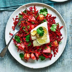 Roasted cod with zingy beetroot salad image