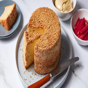 Tahini Chiffon Cake With Burnt Honey Cream and Poached Rhubarb image