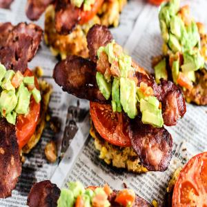 Corn Fritters With Crispy Bacon, Roasted Tomatoes & Avocado image