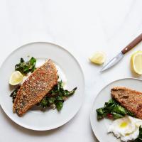 Almond-Crusted Trout with White Grits and Swiss Chard image