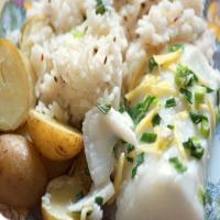 Baked White Sea Bass With Drunken Baby Potatoes and Cumin Rice image