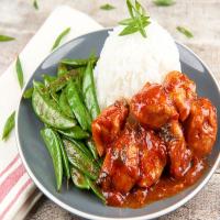 Chicken with Tiger Sauce with sugar snap peas and rice_image