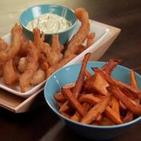Fried Fish Bites with Sweet Potato Fries and Spicy Mayo image