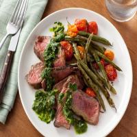 Grilled Steak with Green Beans, Tomatoes and Chimichurri Sauce_image