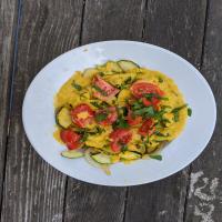 Zucchini with Pumpkin Blossom Cream Sauce and Tomatoes image