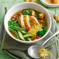 Spring vegetable broth with shredded chicken image