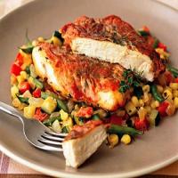 Sauteed Chicken Breasts with Country Ham and Summer Succotash_image