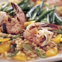 Spicy Grilled Shrimp with Rice and Mango Salad and Sesame Sugar Snap Peas image
