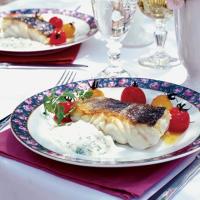 Roasted cod with easy watercress sauce & roasted cherry tomatoes image
