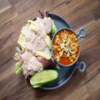 Tomato Soup with Cheddar Dill Popcorn and Reuben Salad image