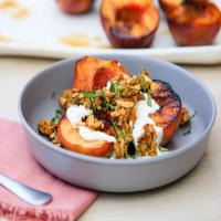 Grilled Peaches with Yogurt Whipped Cream and Oat Crunch image