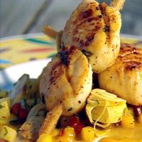 Sugarcane Skewered Sea Scallops with Mango Hearts of Palm Slaw and Scotch Bonnet Sugarcane Syrup_image