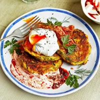 Courgette & ricotta fritters with poached eggs & harissa yogurt_image