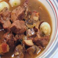 Beef Stewed in Red Wine With Pearl Onions and Mushrooms image