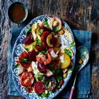 Warm beet, chorizo & pear salad image