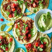 Barbacoa beef tacos with pickled watermelon & avocado sauce image