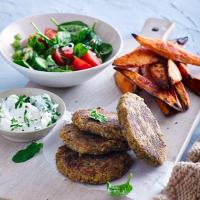 Chickpea & nut burgers with sweet potato chips image