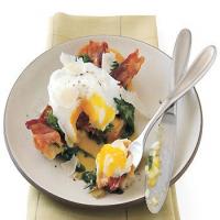 Poached Egg Crostone with Wilted Spinach and Bacon image
