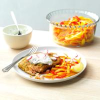 Pistachio-Crusted Salmon with Rainbow Vegetable Cream image