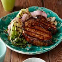 Grilled Korean-Style BBQ Glazed Pork Chops with Red Onions and Baby Bok Choy image